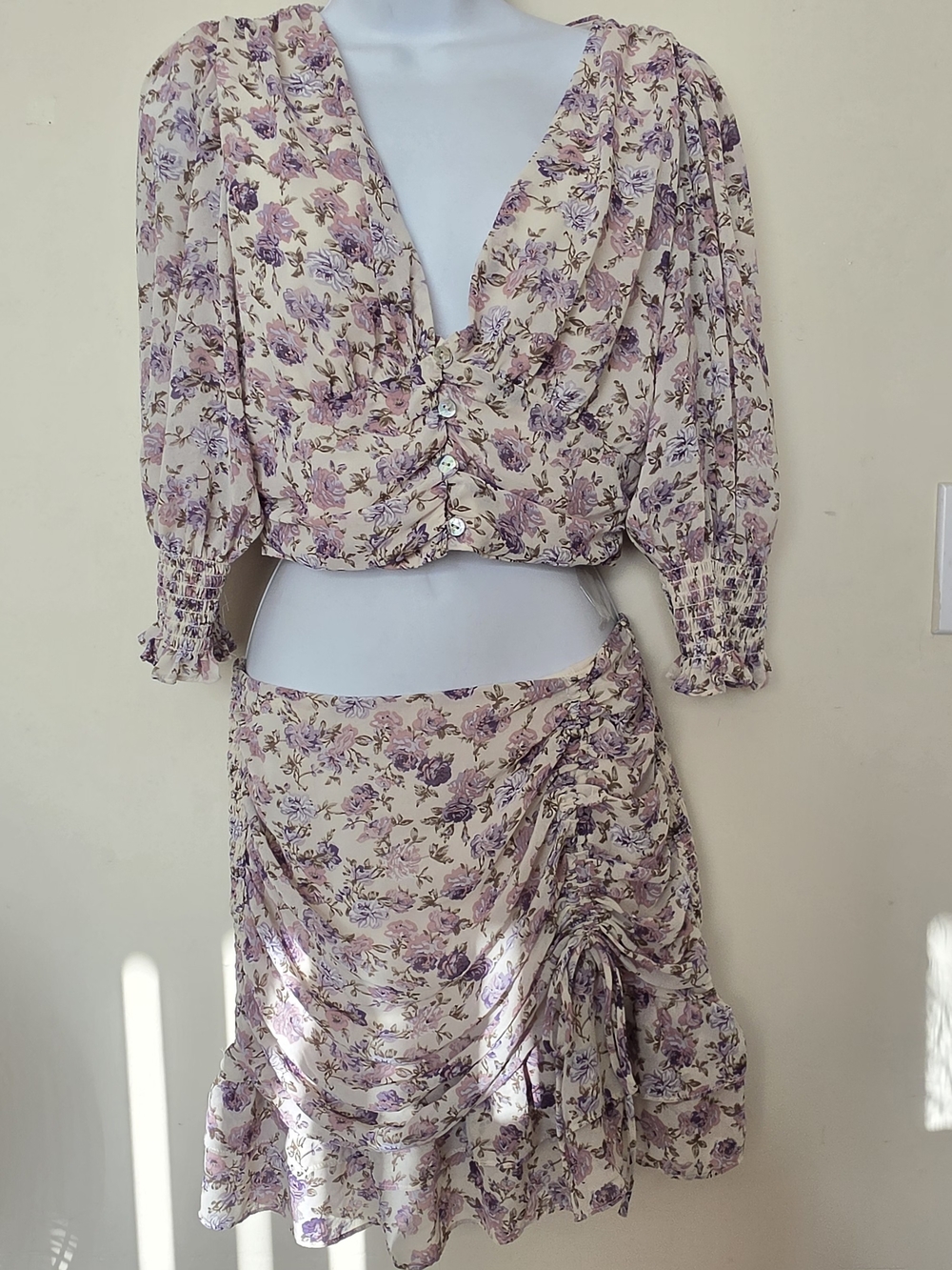 Cream and Lavender Floral Ruched Skirt Set -